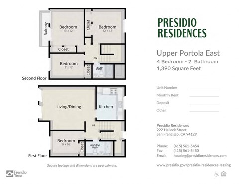 Floor plan for 4 beds, 2 baths, 1390 sqft